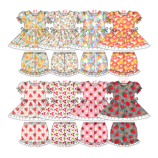 1.10(Custom Design Preorder MOQ 5 Each Item) Flowers Tunic Top Ruffle Shorts Girls Summer Outfits Sister Wear