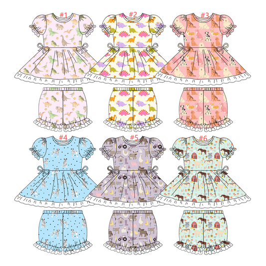 1.10(Custom Design Preorder MOQ 5 Each Item) Animals Tunic Top Ruffle Shorts Girls Summer Outfits Sister Wear