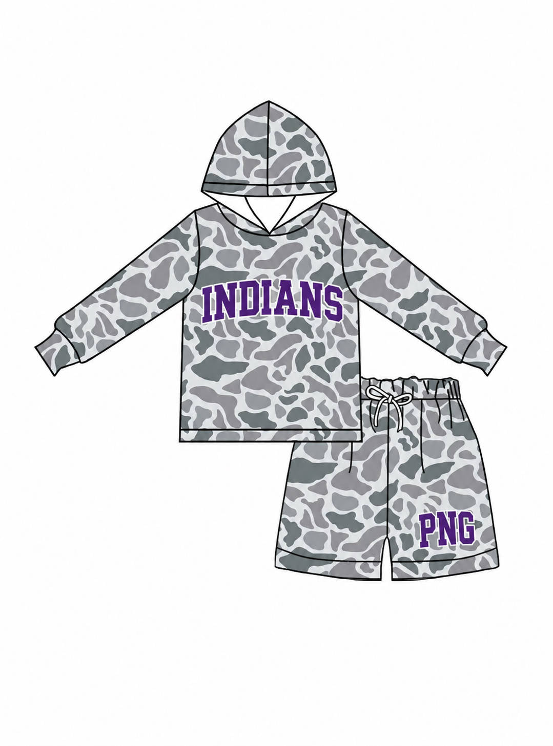 (Custom Design Preorder MOQ 5) Teams Indians Grey Camo Long Sleeve Hoodie Top Shorts Outfit
