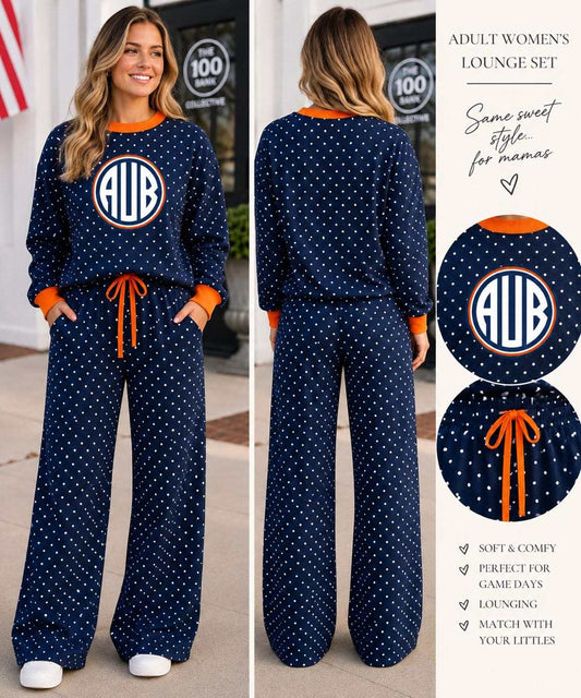 (Custom Design Preorder MOQ 5) Women Teams Navy White Polka Dor Long Sleeve Top with Pants Outfit
