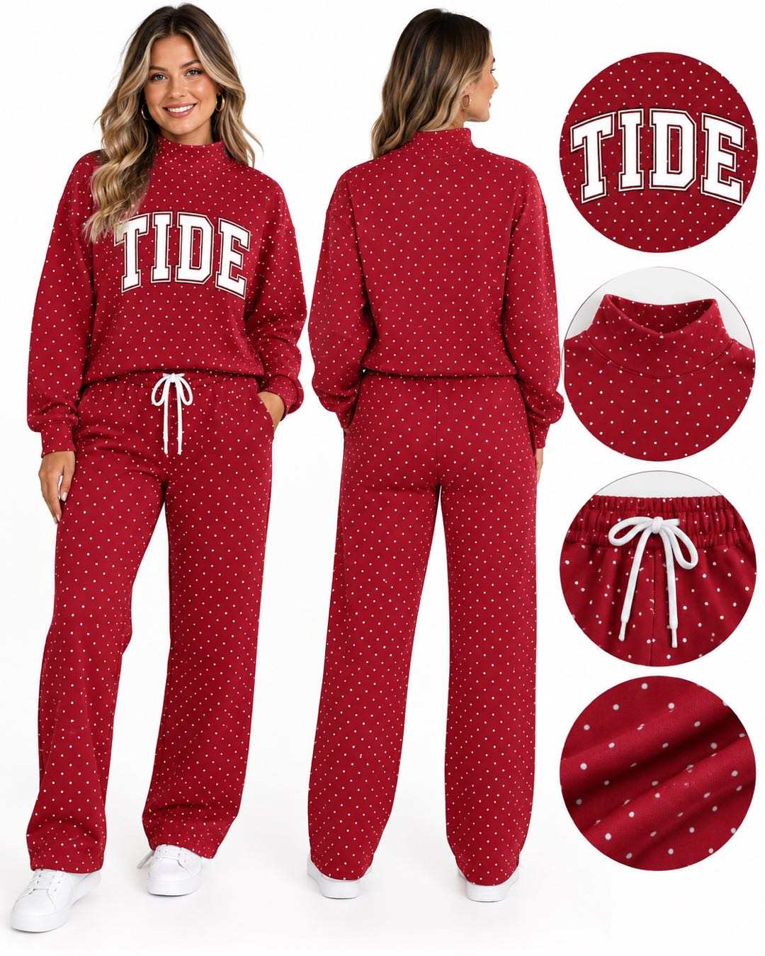 (Custom Design Preorder MOQ 5) Women Red White Polka Dot Tide Long Sleeve Top with Pants Outfit