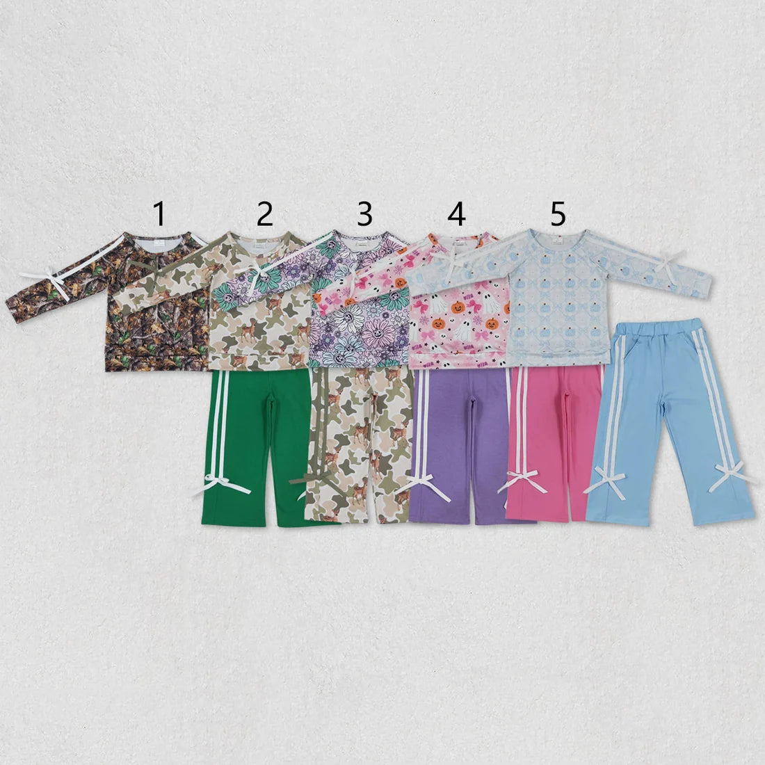 Sibling Baby Girls Long Leaves Ghost Pumpkins Deer Top Pockets Bows Pant Sets