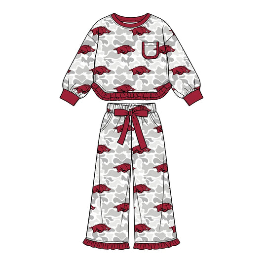 Preorder( 5  MOQ) Baby Girls Sport Team Arkansas Camo Long Sleeve Pants Outfit