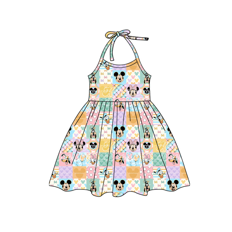 (Custom Design Preorder MOQ 5)  Colorful Plaid Cartoon Mouse Print Girls Summer Halter Dress