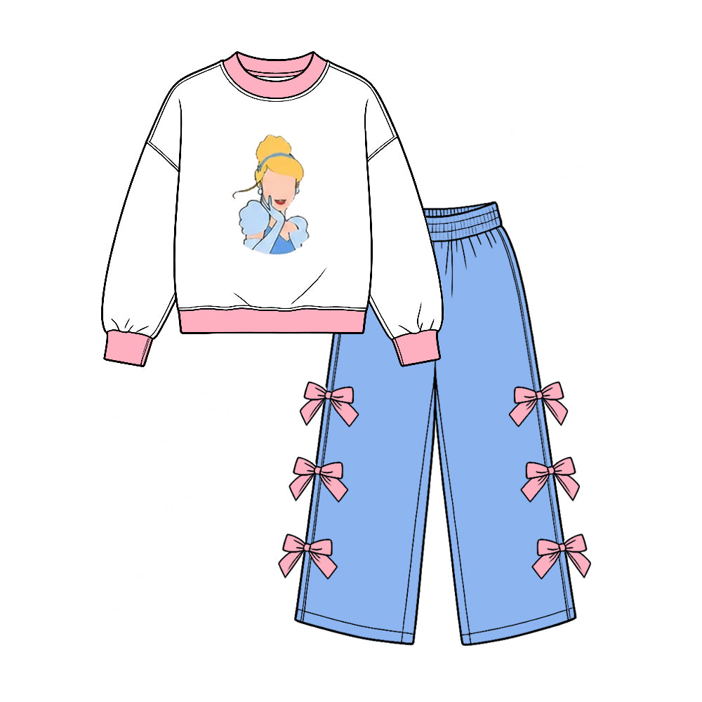 (Custom Design Preorder MOQ 5 Each) Cartoon Princess Print Girls Bows Clothes Set Sisters Wear