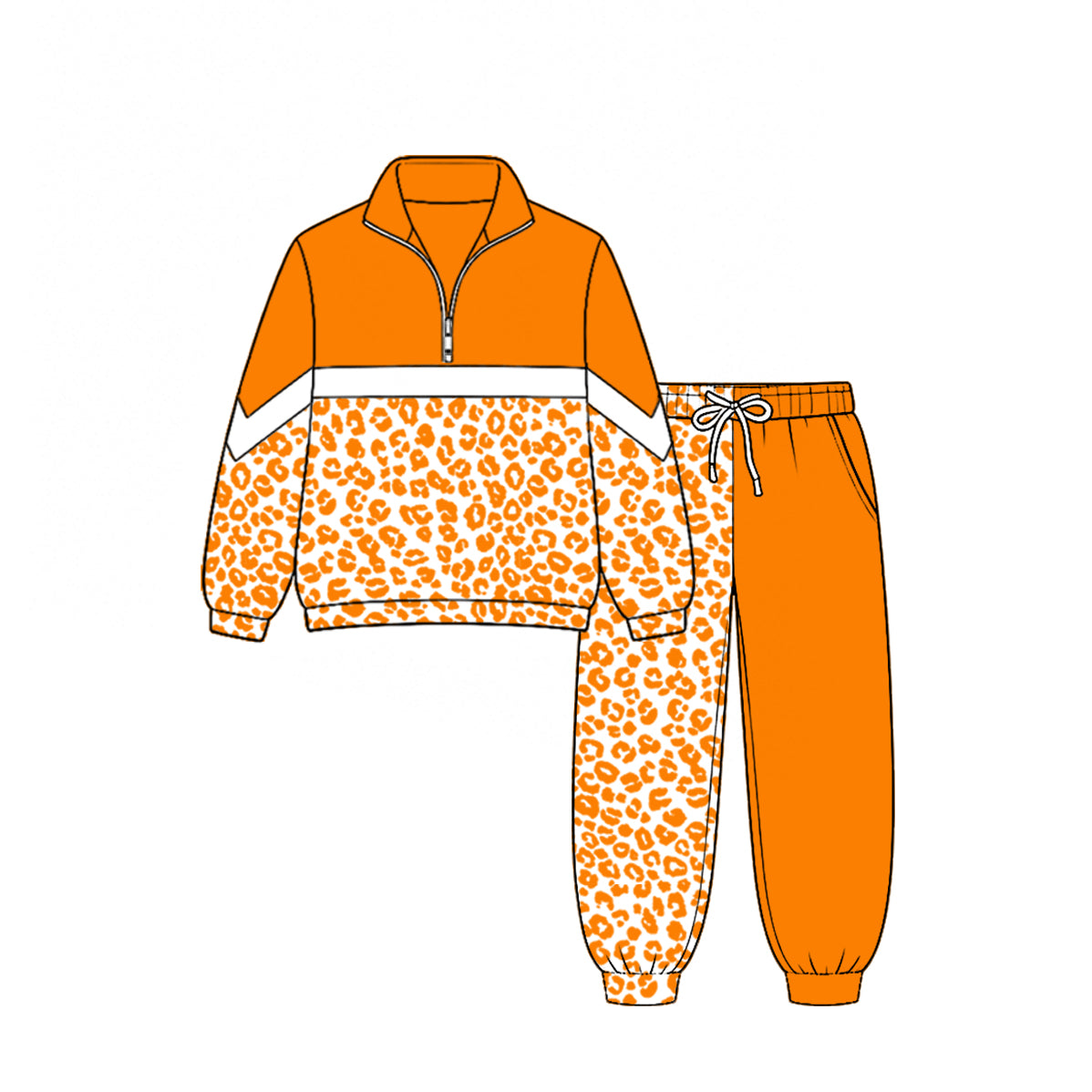 (Custom Design Preorder MOQ 5) Teams Orange Leopard Zipper Pullover Top Split Joggers Pants Girls Kids Fall Clothes Set