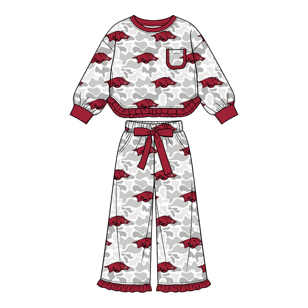 (Custom Design Preorder MOQ 5 Each)Teams Logo Camo Print Long Sleeve Top Pockets Pants Girls Clothes Set Sisters Wear