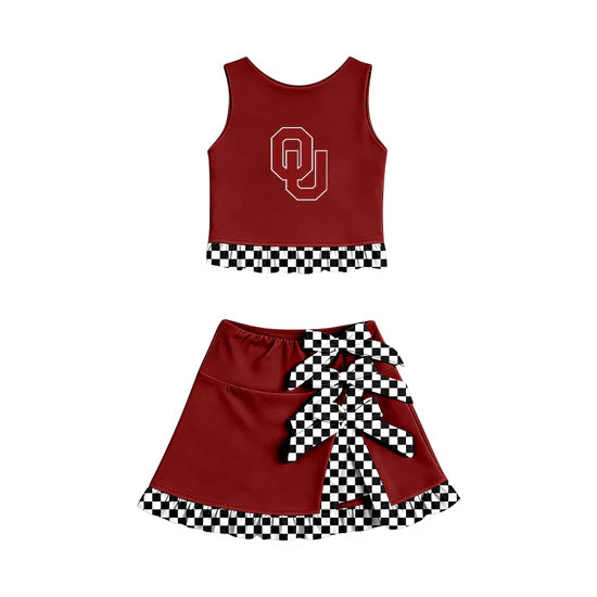 (Custom  Preorder MOQ 5) Baby Girls OU Vest Bows Ruffle Skirt Team Outfit