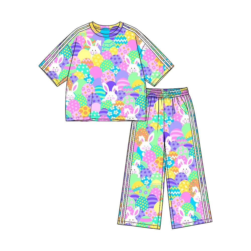 (Custom Design Preorder MOQ 5) Colorful Eggs Bunny Print Straight Pockets Pants Girls Easter Clothes Set