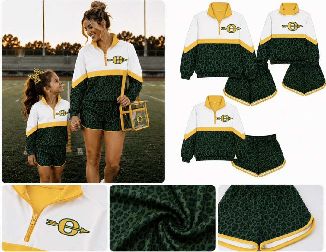 (Custom Design Preorder MOQ 5) Teams Ouachita Green Leopard Long Sleeve Zipper Top Shorts Mommy and Me Outfits