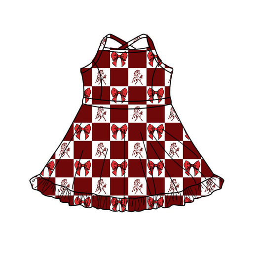 (Custom Design Preorder MOQ 5 Each Item) Teams Mustangs Bows Wine Plaid Print Kids Clothes Sibling & Family Matching Styles