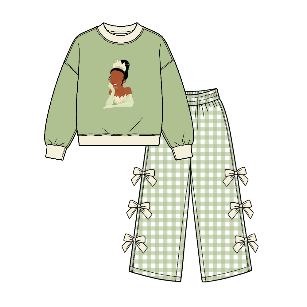 (Custom Design Preorder MOQ 5 Each) Cartoon Princess Print Girls Bows Clothes Set Sisters Wear