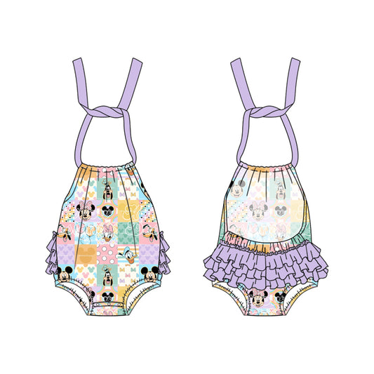 (Custom Design Preorder MOQ 5 ) Colorful Plaid Cartoon Mouse Print Baby Girls Halter Romper