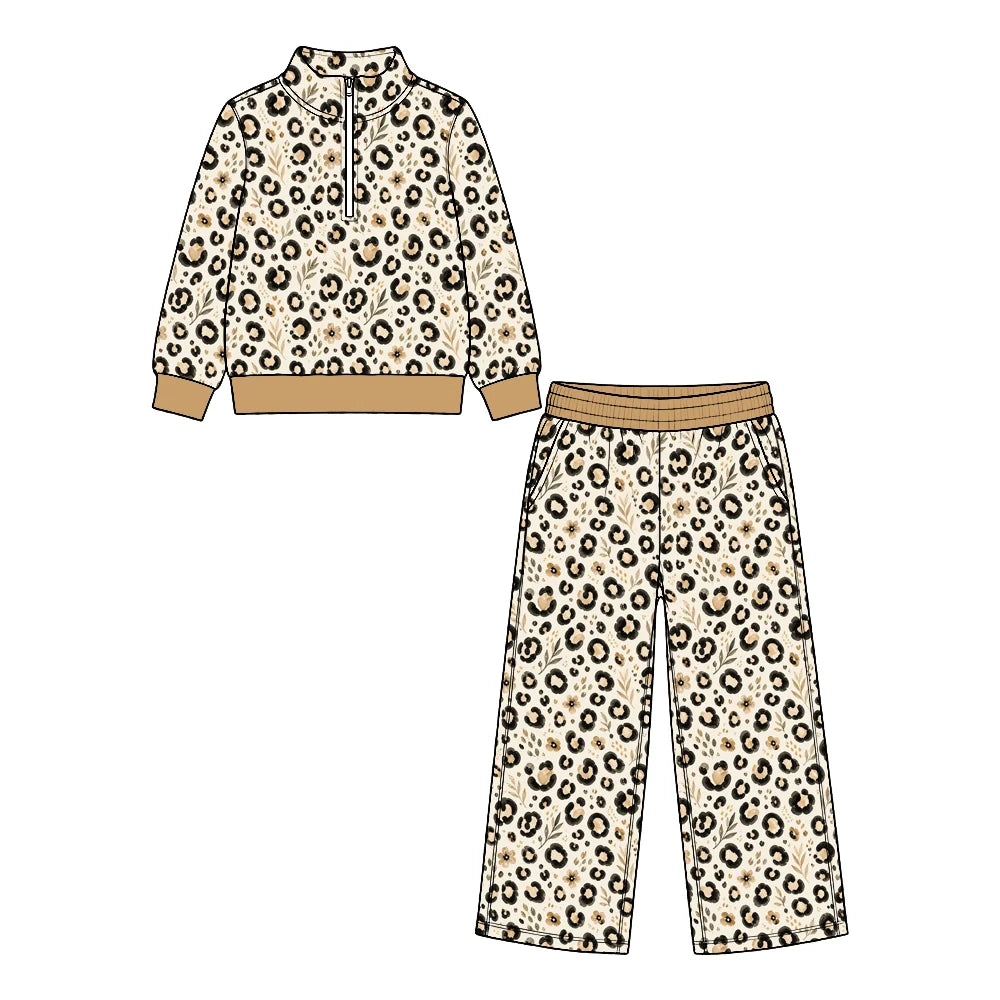 Preorder (MOQ 5 ) Kids Girls Floral Leopard Pullover Top Long Sleeve Top Pants  Outfit