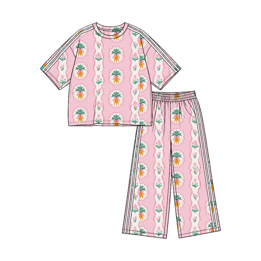 (Custom Design Preorder MOQ 5)  Carrots Flowers Print Straight Pockets Pants Girls Easter Clothes Set