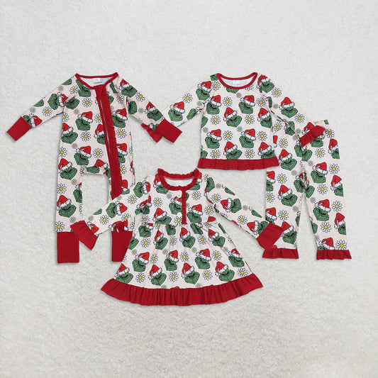 Sibling Baby Girls Christmas Green Face Daisy Pajamas Set Zipper Footie Romper Knee Length Dress