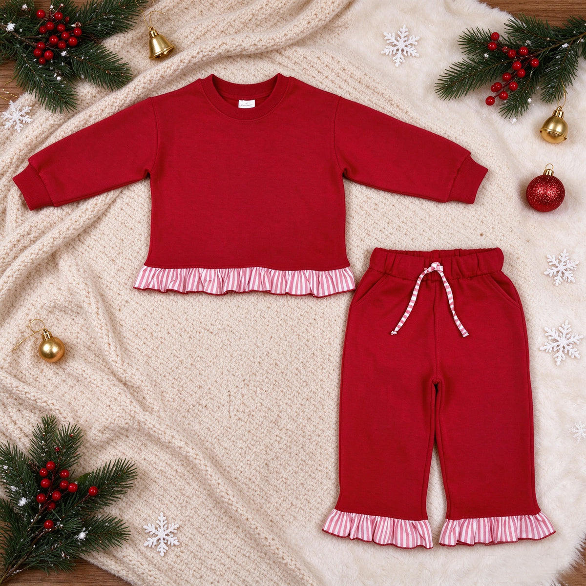 GLP3648 Red Thick Cotton Girls Red Sweatshirt Top Pocket Pants Clothes Set