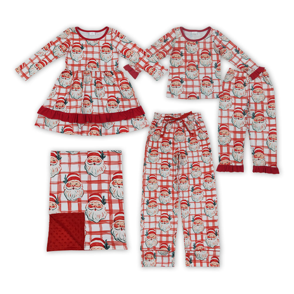 Family Christmas santa Red Plaid Pajama Set Dress Pants and Blanket