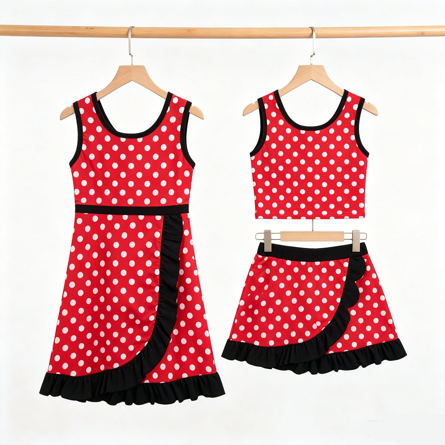 Toddler Sibling Kids Girls Red Polka Dot Black Ruffle Dress & Skort Outfit Active Wear