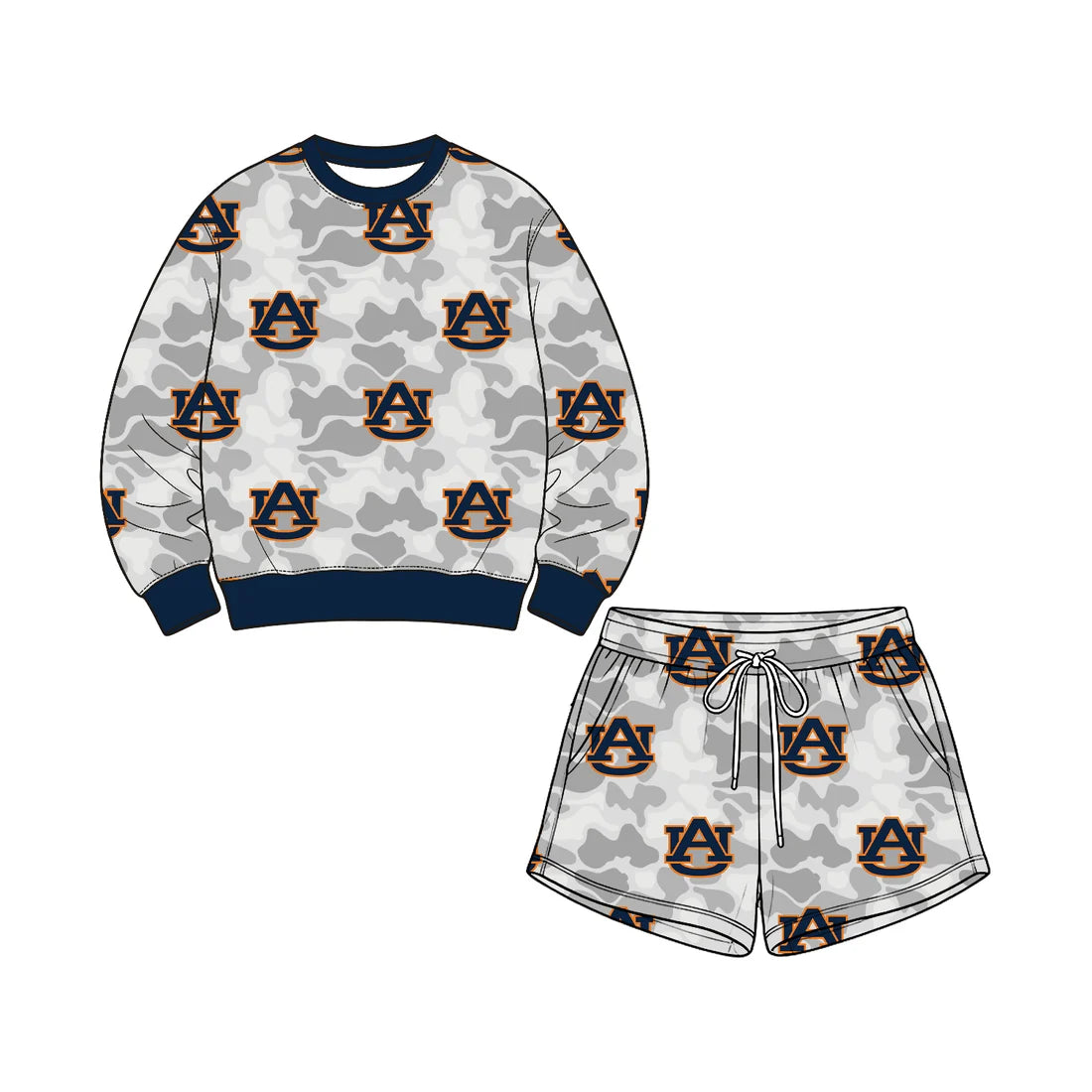 Preorder( 5  MOQ) Baby Girls Sport Team Auburn Tigers  Camo Long Sleeve Top Shorts Outfit