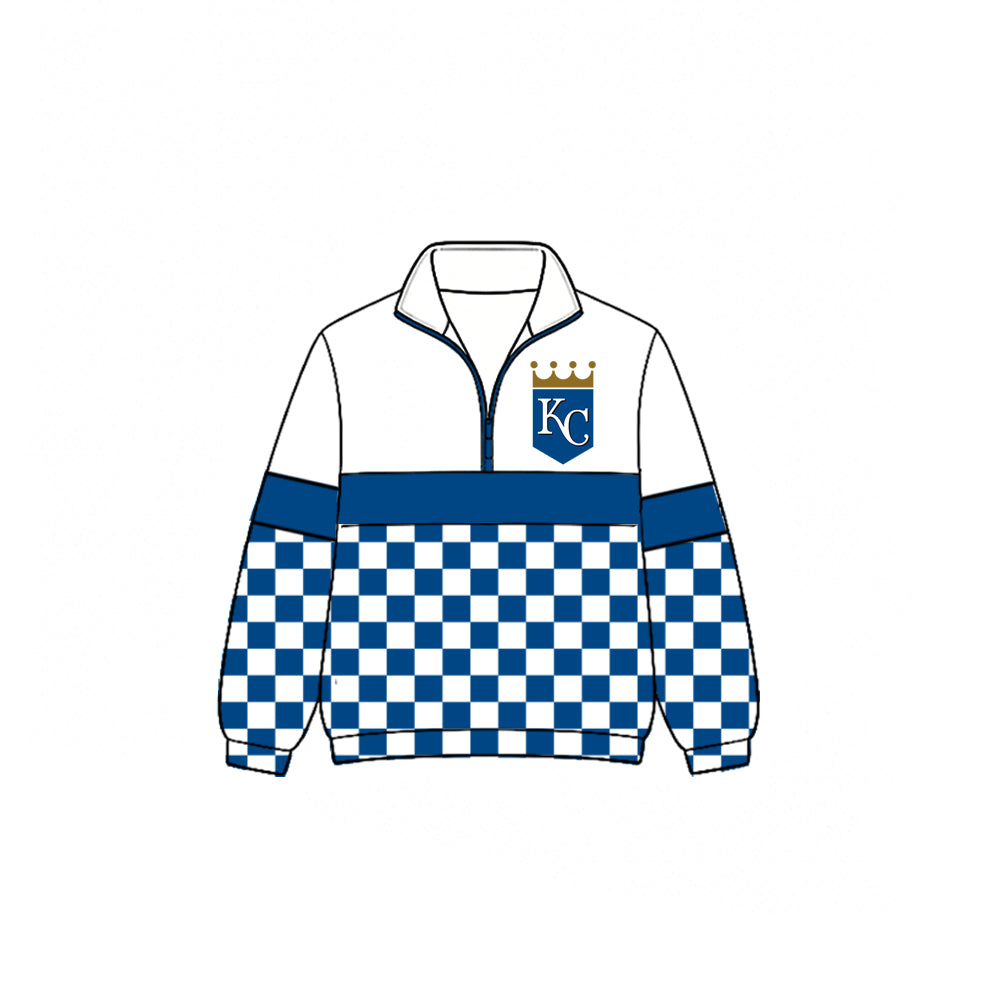 (Custom Design Preorder MOQ 5)  Teams Kansas City Royals Plaid Print Kids & Adult Long Sleeve Zipper Pullover Jacket