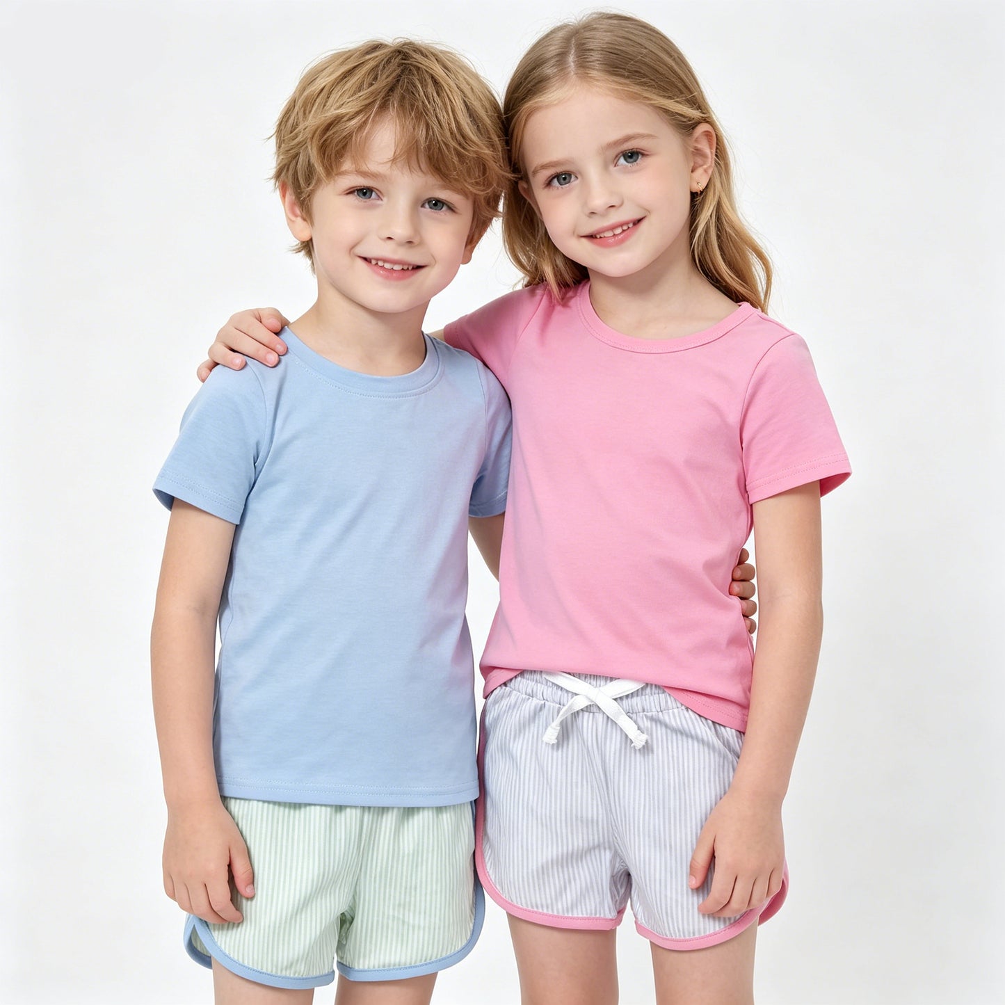 Sibling Toddler Girls & Boys Solid Color Short Sleeve Top with Striped Shorts Outfit