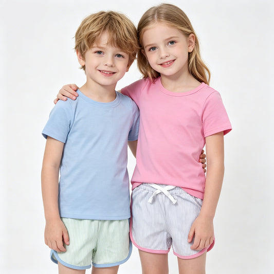 Sibling Toddler Girls & Boys Solid Color Short Sleeve Top with Striped Shorts Outfit