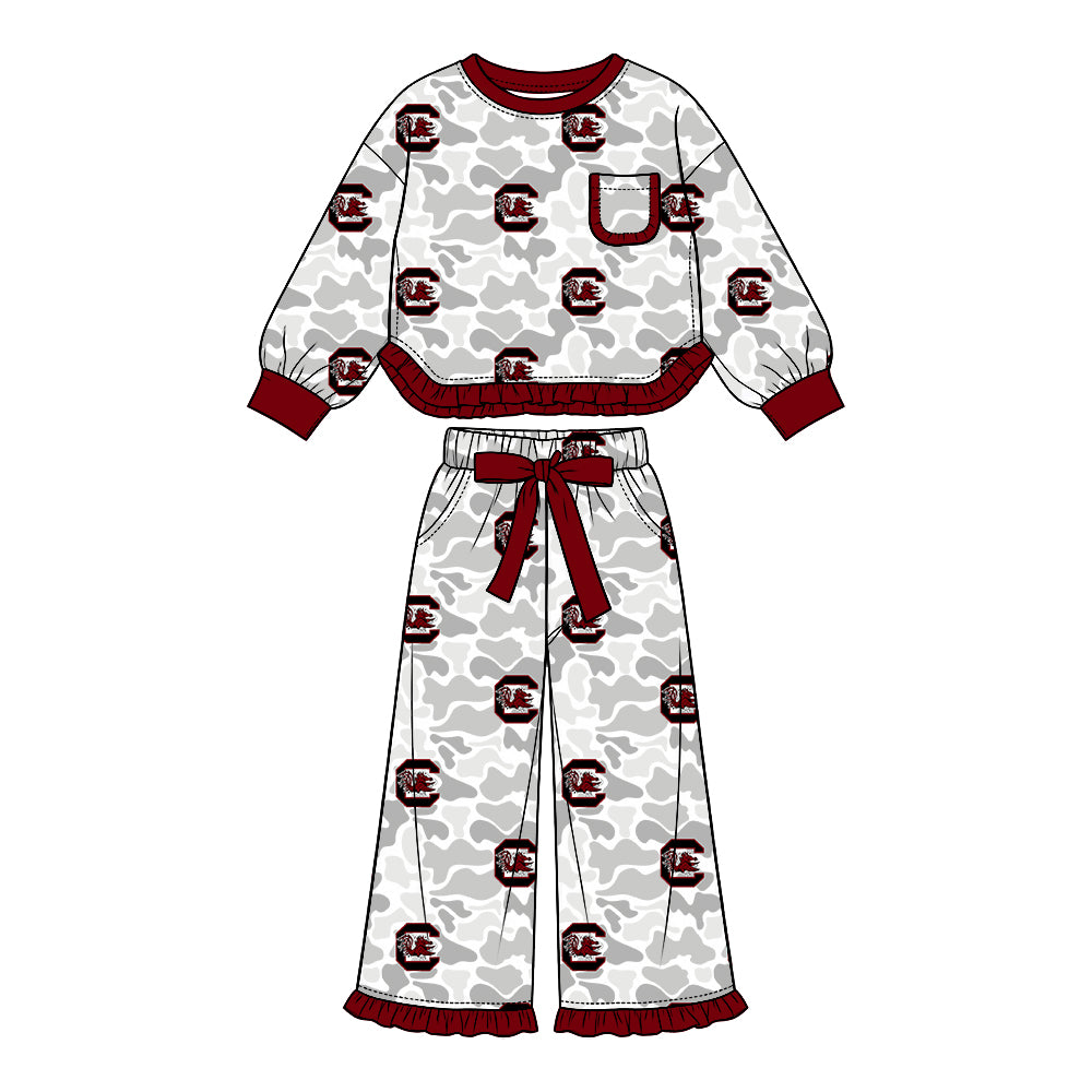 (Custom Design Preorder MOQ 5 Each)Teams Logo Camo Print Long Sleeve Top Pockets Pants Girls Clothes Set Sisters Wear