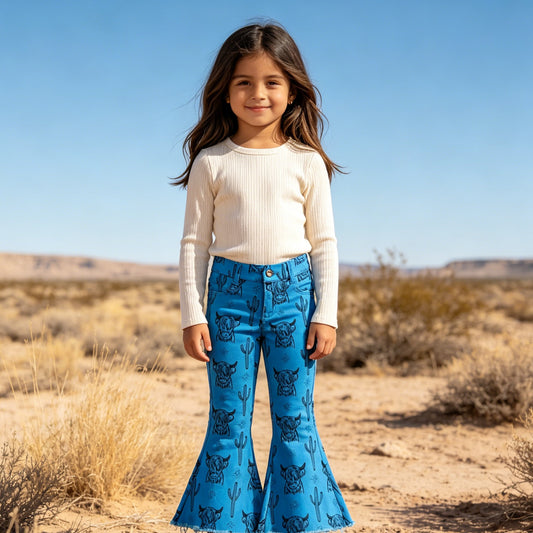 Girls Blue Highland Cow Cactus Print Flare Jeans, Western Bell Bottoms for Kids