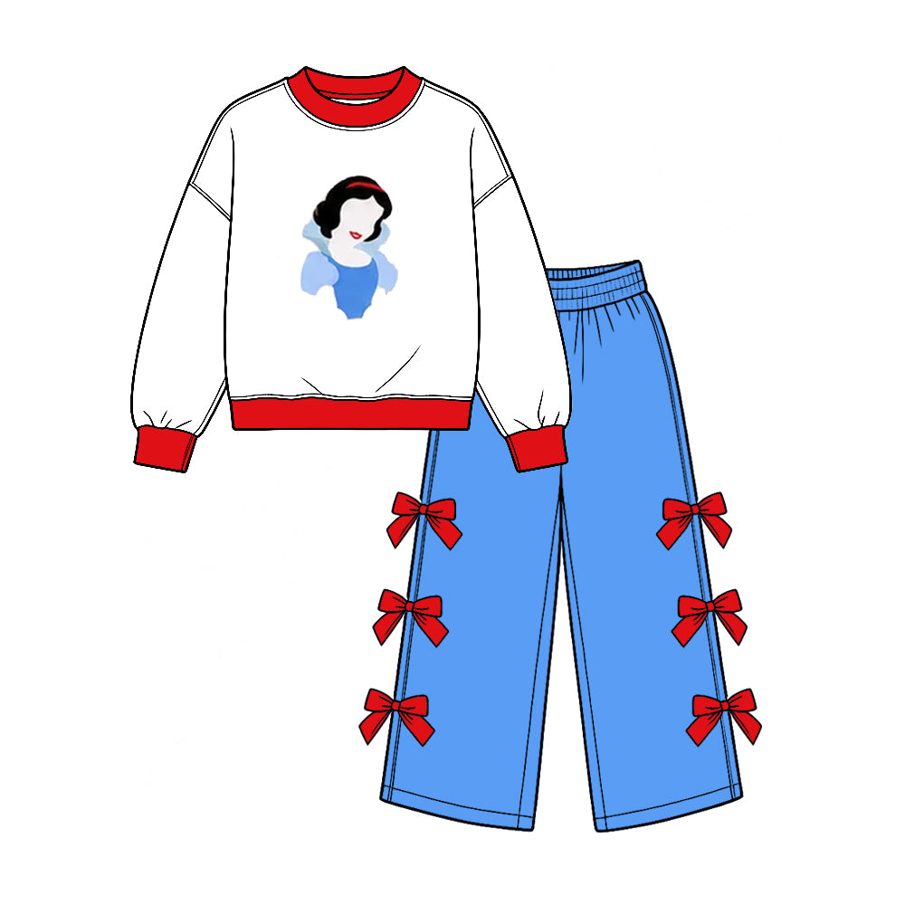 (Custom Design Preorder MOQ 5 Each) Cartoon Princess Print Girls Bows Clothes Set Sisters Wear