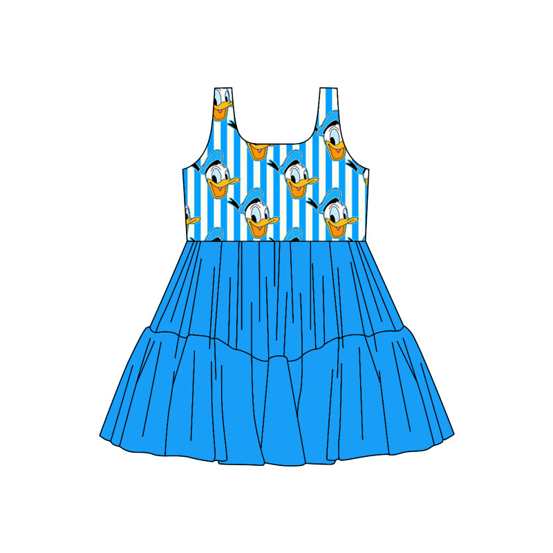 (Custom Design Preorder MOQ 5) Cartoon Duck Stripes Girls Sleeveless Tulle Dress
