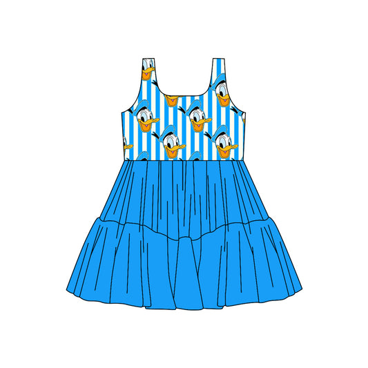 (Custom Design Preorder MOQ 5) Cartoon Duck Stripes Girls Sleeveless Tulle Dress