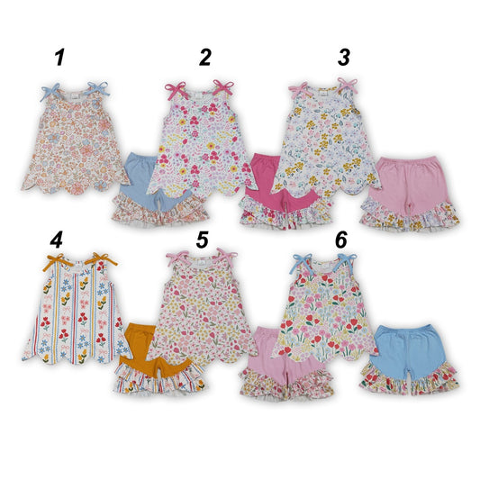 Sibling Baby Girls Floral Tank Top With Ruffle Shorts Scalloped Sets