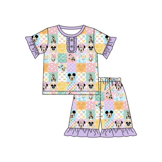 (Custom Design Preorder MOQ 5)  Colorful Plaid Cartoon Mouse Print Girls Summer Ruffle Outfits