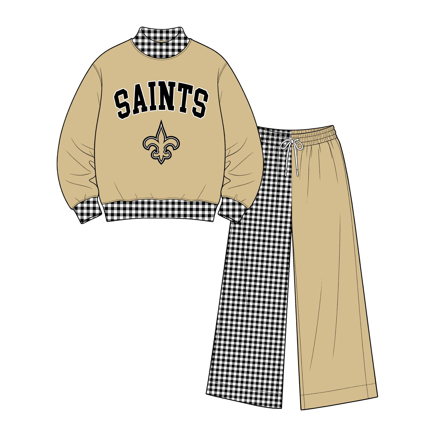 (Custom Design Preorder MOQ 5) Saints Mock Neck  Top with Patch Wide Leg Sport Team Set