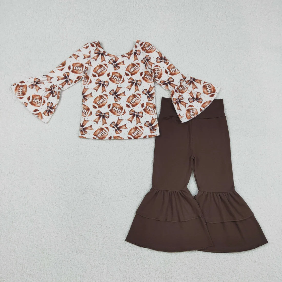 Baby Girls Bell Sleeve Footballs Bows Top Ruffle Bell Bottom Pants Team Clothes Set Regular price$8.50 USD