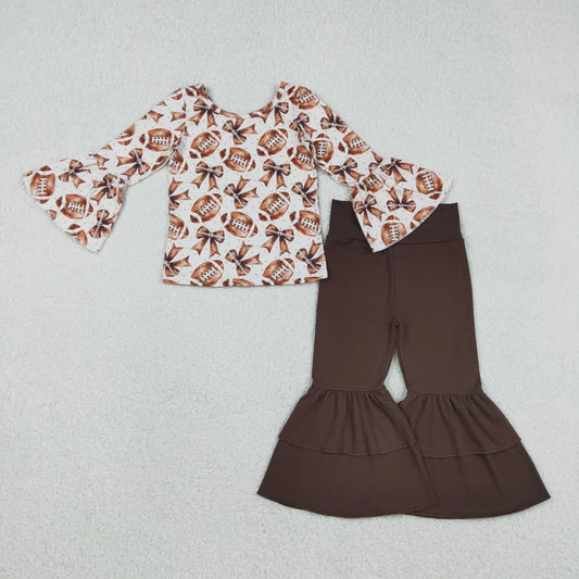 Baby Girls Bell Sleeve Footballs Bows Top Ruffle Bell Bottom Pants Team Clothes Set Regular price$8.50 USD