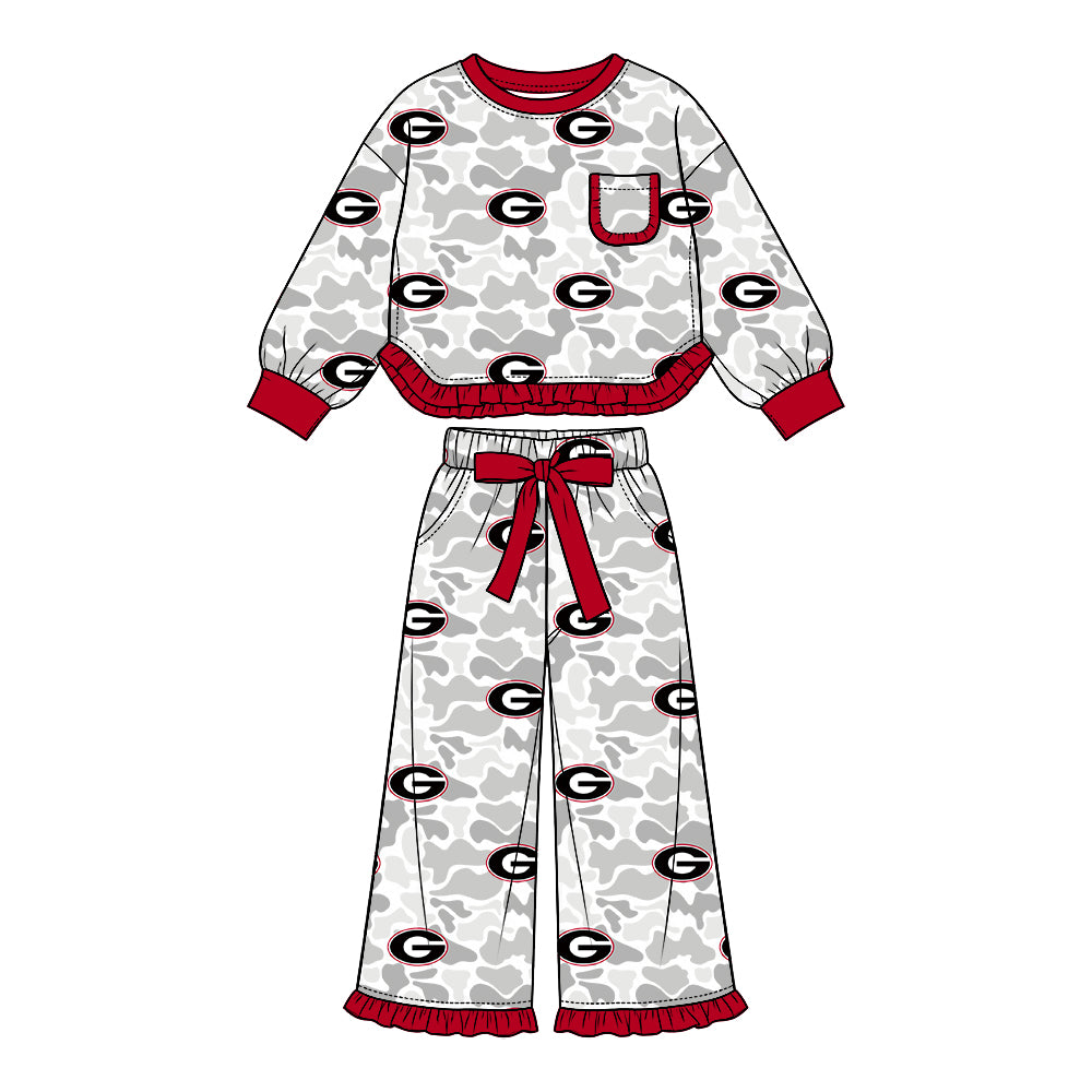 (Custom Design Preorder MOQ 5 Each)Teams Logo Camo Print Long Sleeve Top Pockets Pants Girls Clothes Set Sisters Wear