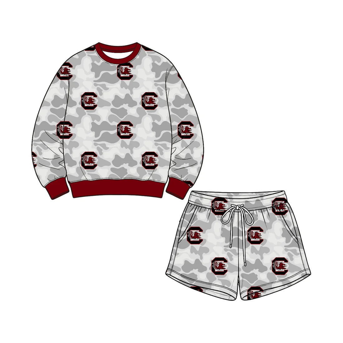 Preorder( 5  MOQ) Baby Girls Sport Team Carolina Gamecocks Camo Long Sleeve Top Shorts Outfit