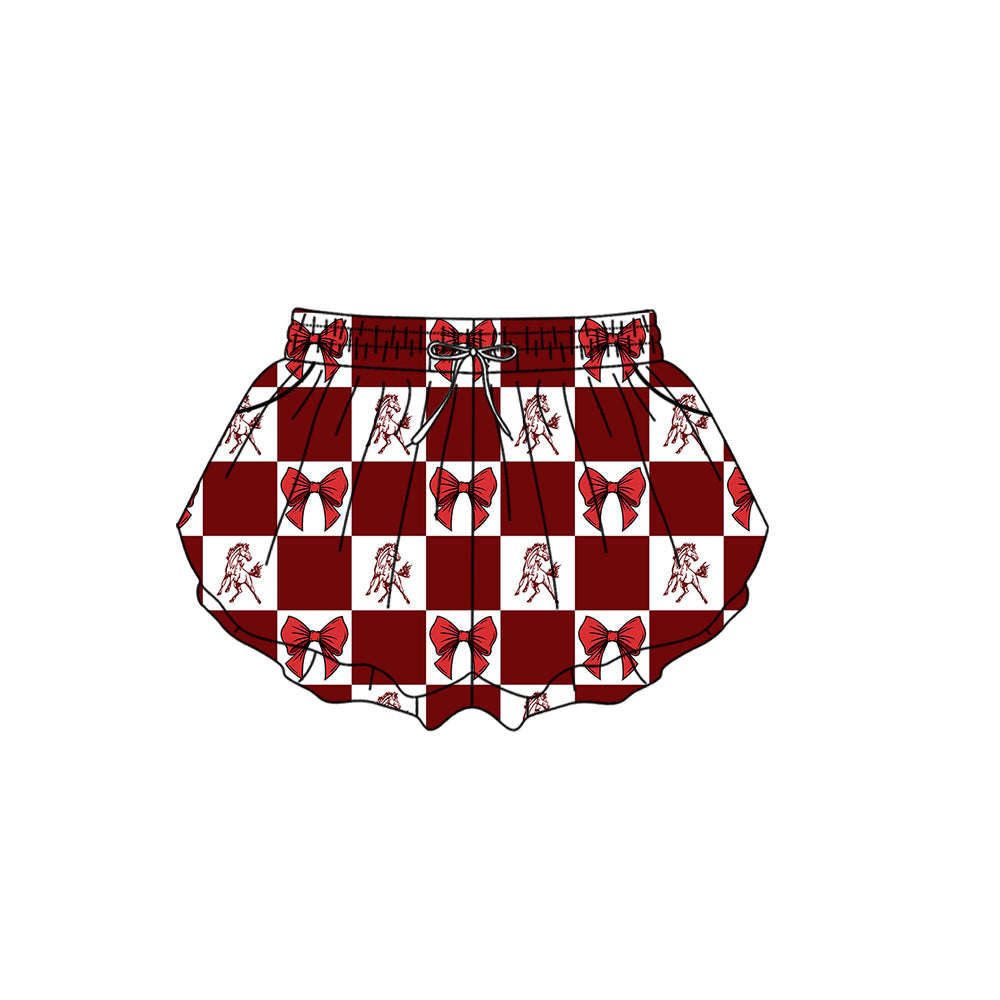 (Custom Design Preorder MOQ 5 Each Item) Teams Mustangs Bows Wine Plaid Print Kids Clothes Sibling & Family Matching Styles