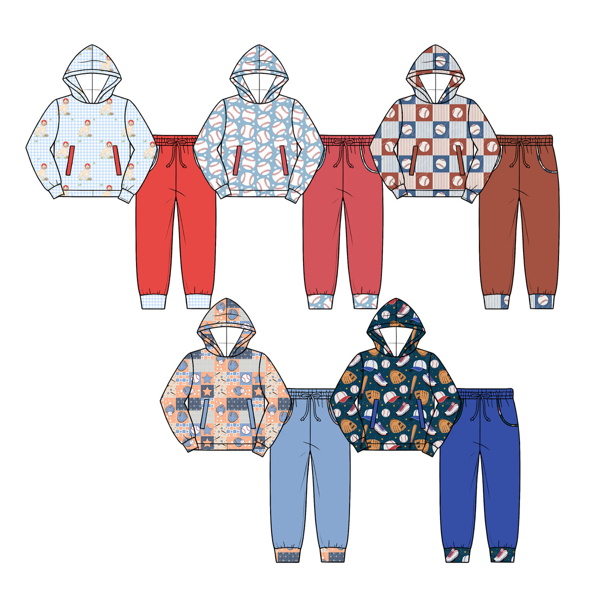 (Custom Design Preorder MOQ 5 Each)Baseball Print Hoodie Top Pockets Pants Boys Fall Clothes Set Brothers Wear