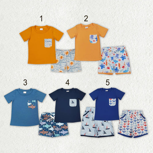 Sibling Baby Boys Short Sleeve Shirt Top Pockets Short Sea World Clothes Sets