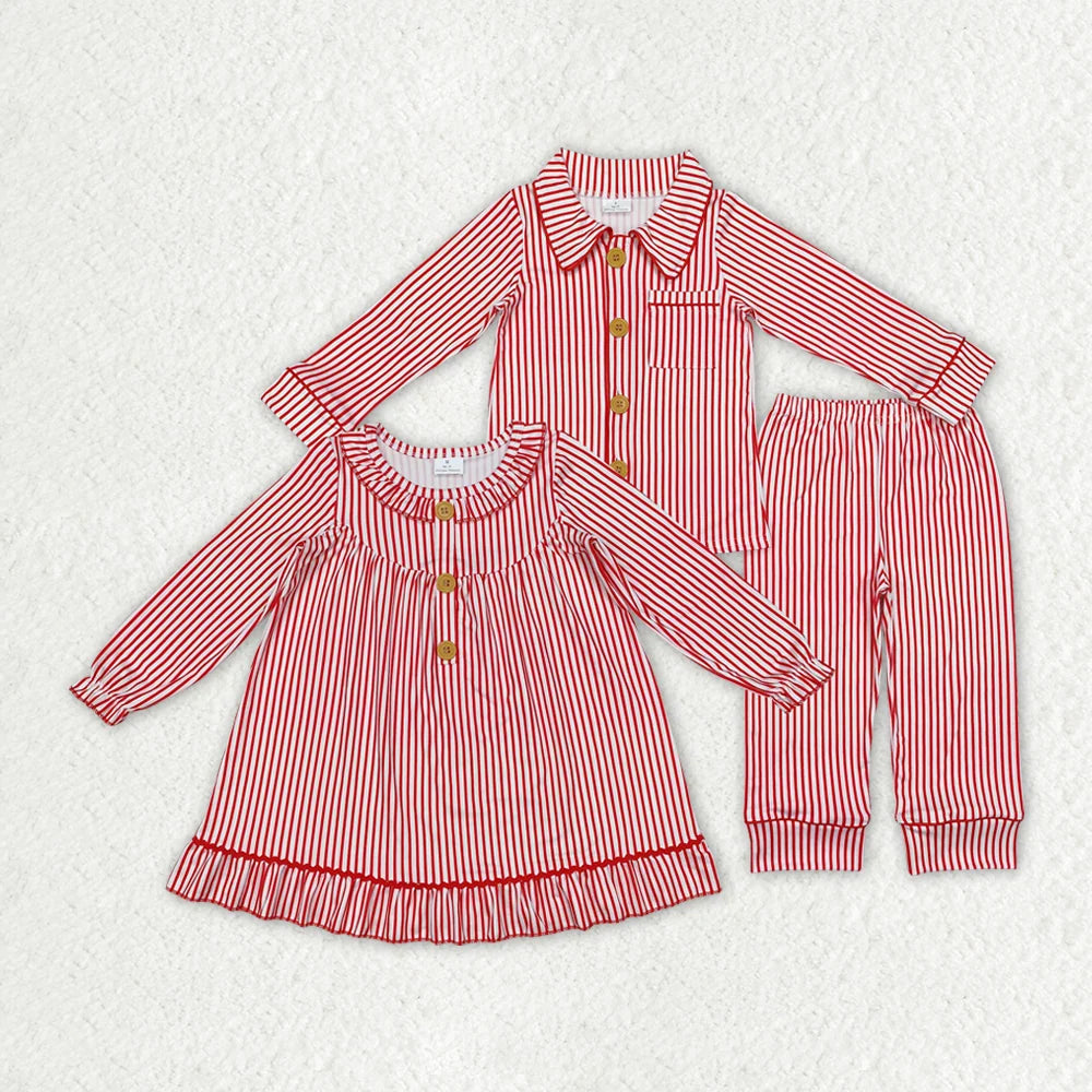 Sibling Toddler Girls Boys Christmas  Red Striped Sleeping Gown Pajama Set