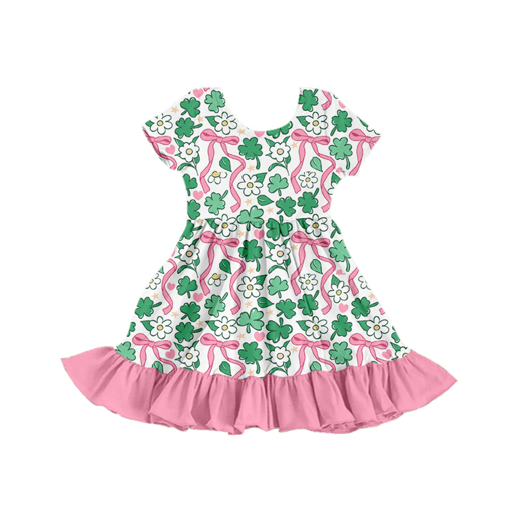 (Custom Design Preorder MOQ 5) 4 Leaf Clover Bows Print Girls Knee Length Ruffle Dress Sisters Wear