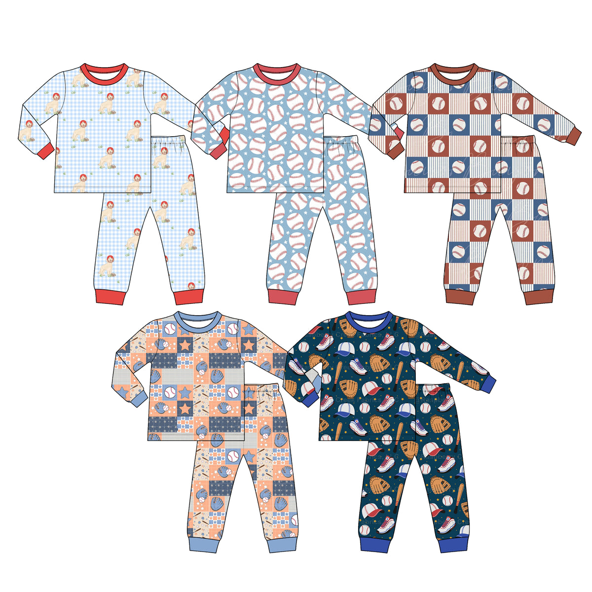 (Custom Design Preorder MOQ 5 Each)Baseball Print Boys Fall Pajamas Clothes Set Brothers Wear