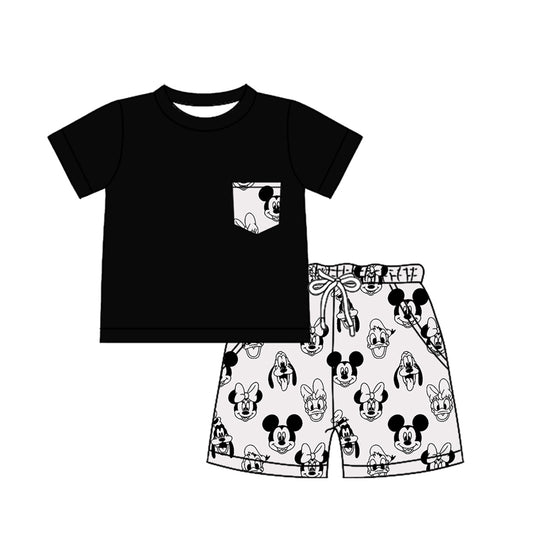 (Custom Design Preorder MOQ 5)  Black Pocket Top Cartoon Mouse Shorts Baby Boys Summer Outfits