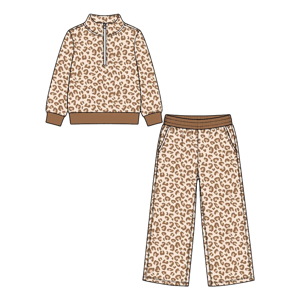 Preorder (MOQ 5 ) Kids Girls Neutral Leopard Pullover Top Long Sleeve Top Pants Sport Team Outfit