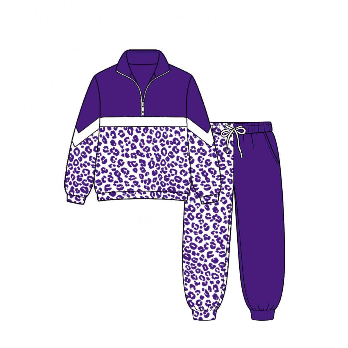 (Custom Design Preorder MOQ 5) Teams Purple Leopard Zipper Pullover Top Split Joggers Pants Girls Kids Fall Clothes Set