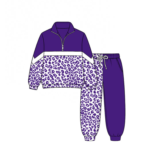 (Custom Design Preorder MOQ 5) Teams Purple Leopard Zipper Pullover Top Split Joggers Pants Girls Kids Fall Clothes Set