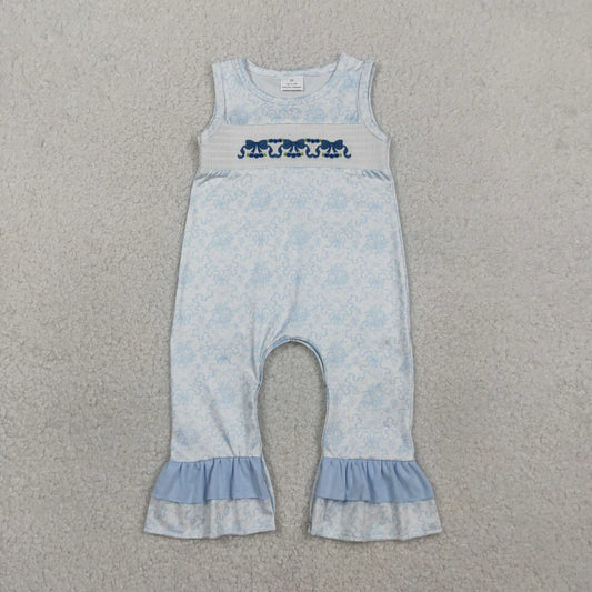Embroidery Bows Baby Girls Sleeveless Blue Flowers Ruffle Rompers